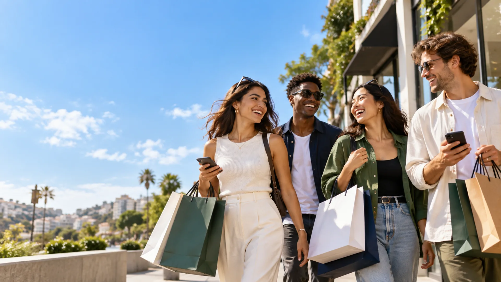Un groupe d'amis souriants fait du shopping ensemble en ville, sacs à la main