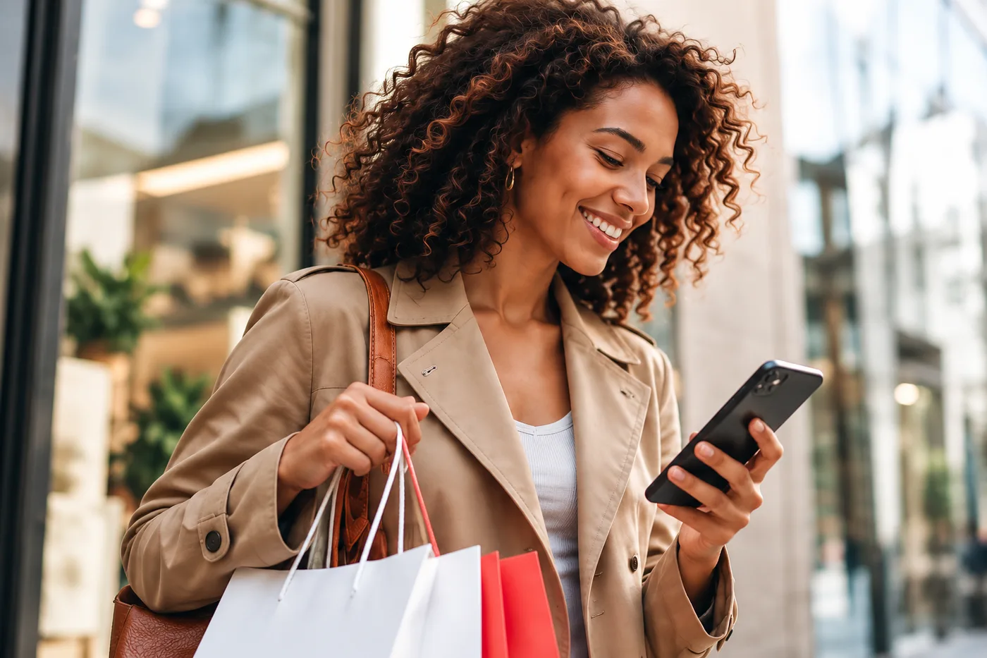 Une femme consulte son téléphone en tenant des sacs de shopping dans la rue