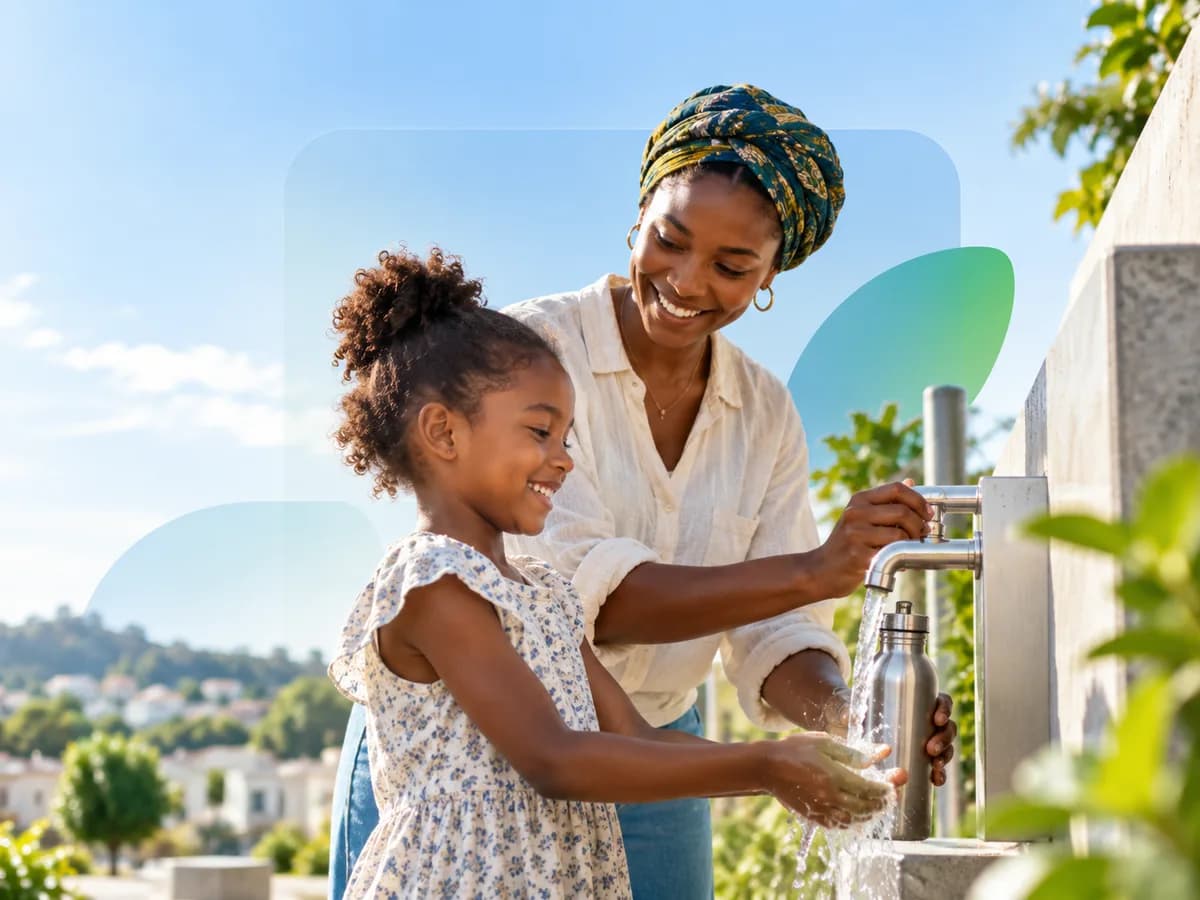 Une mère et sa fille remplissent une gourde à une fontaine d'eau en plein air