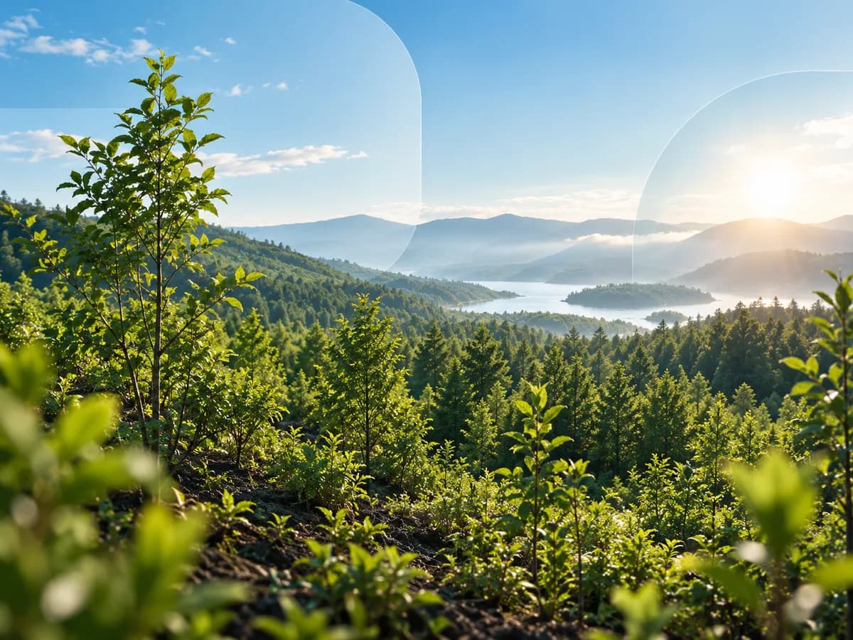 Vue d'une forêt reverdie surplombant un lac au lever du soleil