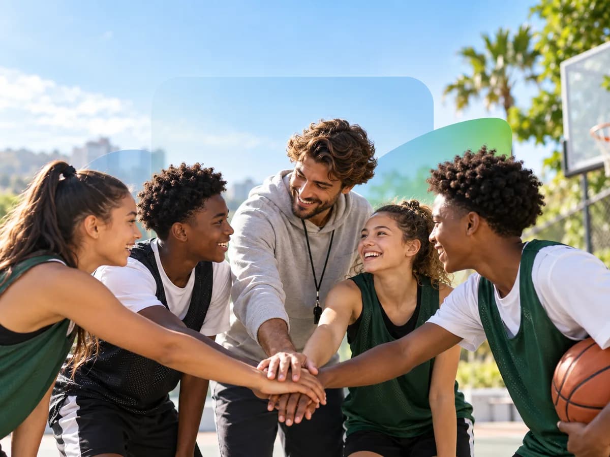 Une équipe de jeunes basketteurs réunit les mains autour de leur entraîneur