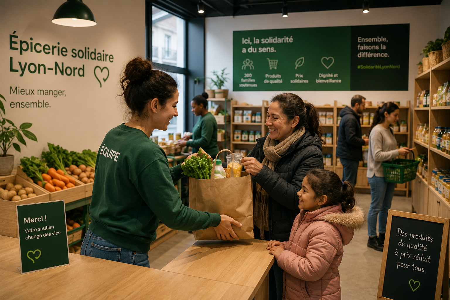 Bénévole aidant une cliente à l'épicerie solidaire de Lyon-Nord