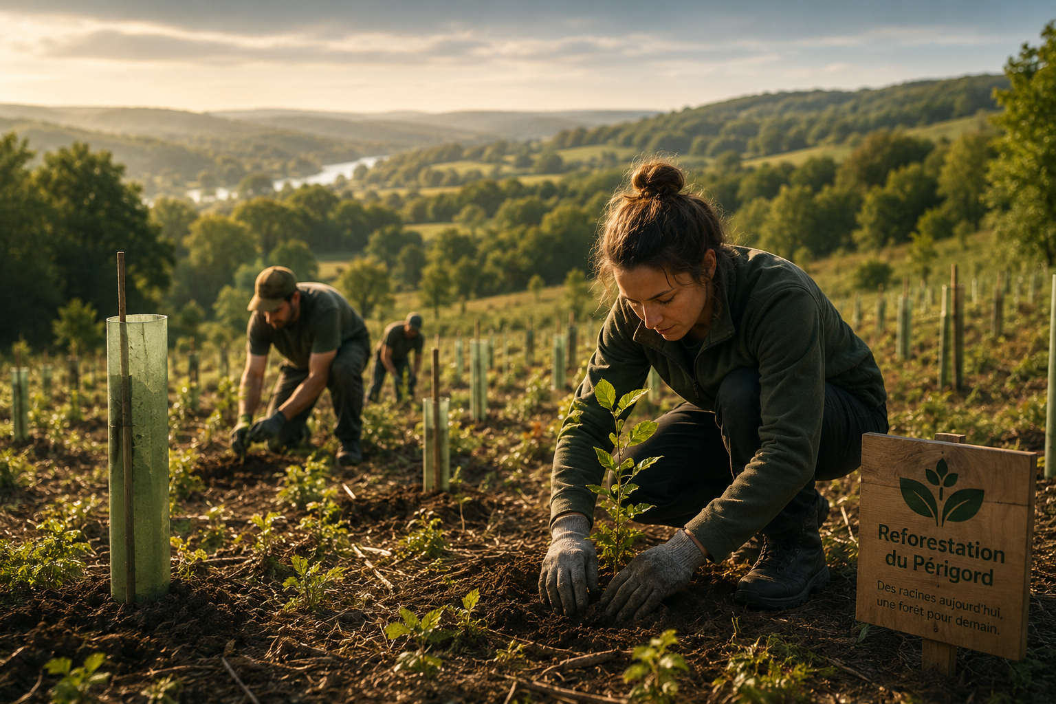 Plantation d'arbres lors du projet de reforestation du Périgord