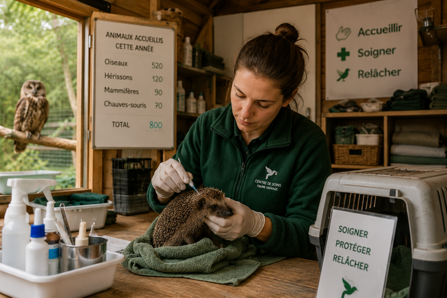 Soigneuse s'occupant d'un hérisson dans un centre de soins pour la faune sauvage